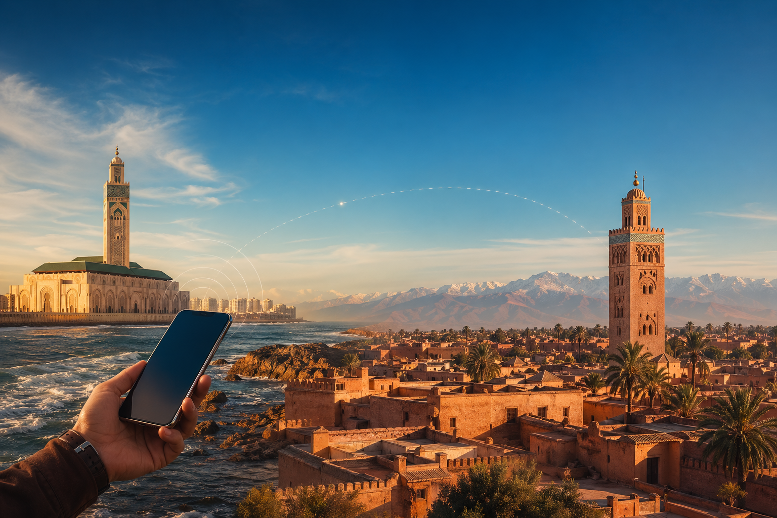Morocco travel eSIM — Casablanca to Marrakech corridor, Atlantic coast and inland route; 5G urban cores and LTE highway planning for 2026