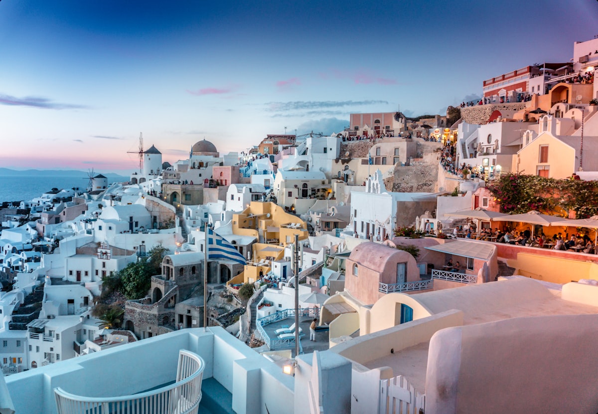 Santorini blue domes at sunset